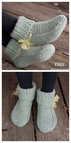 two pictures of someone's feet wearing knitted slippers with bows on them