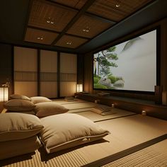 Transform your movie nights with this Japanese-style home theater featuring a large screen, cozy tatami mat seating with beige pillows, and warm lantern lighting. The space boasts dark wood panel walls, minimalist design, and a serene atmosphere with greenery visible outside. Ideal for a relaxing cinematic experience. Japandi Theatre Room, Japanese Feature Wall, Japanese Room Ideas, Japan Bedroom, Cinema Hall, Traditional Japanese Home, Panel Walls