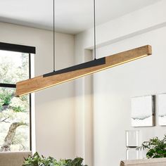 a modern light fixture hanging over a dining room table with potted plants in the foreground