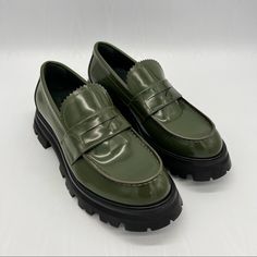 Timeless Leather Penny Loafers With A Chunky Lug-Sole To Add A Modern Edge. Leather Upper Round Toe Slip-On Style Rubber Sole Made In Italy Size Block Heel, 1.75" (45mm),Cooor Is Khaki Green Shoes Outfit, Green Loafers, Shoes Wishlist, Shoes Alexander Mcqueen, Prada Loafers, Mcqueen Shoes, Alexander Mcqueen Shoes, Shoe Wishlist, Shoe Inspo