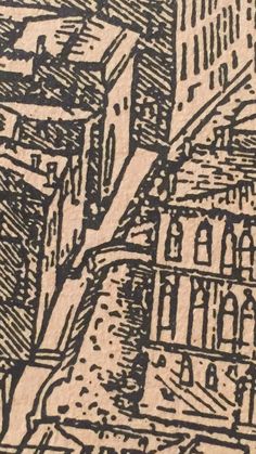 an image of a cityscape drawn in black ink on brown paper with buildings