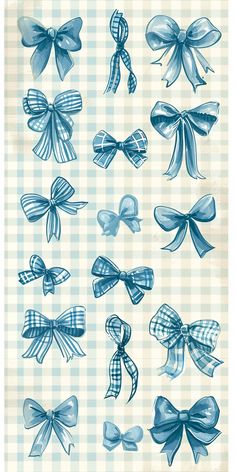 a bunch of blue bows on a checkered table cloth