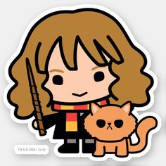 a drawing of a girl holding a cat with a wand in one hand and harry potter on the other