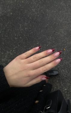 Going Out Outfits Night Black, Dark Cherry French Tip Nails, Dark Red Nails With French Tip, French Dark Red Nails, Dark Red French Tip Acrylic Nails, Cherry Red Tip Nails, Deep Red Tip Nails, French Tip Dark Red, Almond Nails Dark Red French Tip