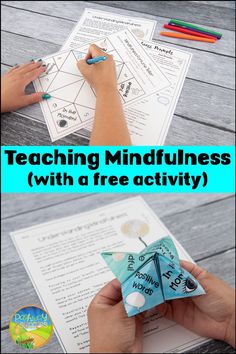 two hands holding scissors over a piece of paper with the text teaching mindfuness with a free activity