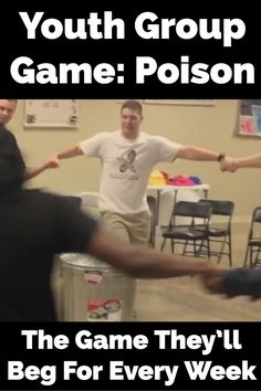 two men are dancing with their arms outstretched in front of them and the words youth group game poison on it