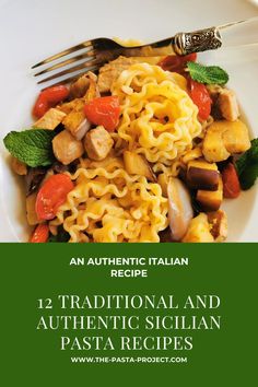 the cover of an authentic italian recipe, with pasta and vegetables in it on a white plate