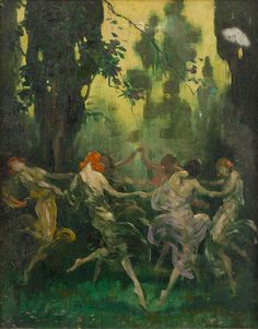 an oil painting of some people in the woods with one person holding onto another woman's hand