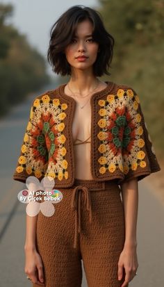 a woman standing on the side of a road wearing brown pants and a crocheted jacket