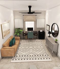 a living room filled with furniture and a ceiling fan