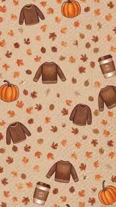 an autumn pattern with sweaters, pumpkins and leaves