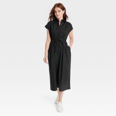 Women's Short Sleeve Midi Dress - A New Day Black Size Xs Product Details Short-Sleeve A-Line Dress Cotton Broadcloth Fabric Collared Neckline With Front Button Down Functional Side Pocket Waist Tie Closure Midi Length . Color: Black Description Get Ready For Days At The Office Or After Work Hangouts In Sleek Style With This Short-Sleeve Midi Dress From A New Day. This Cap-Sleeve Dress Sports A Collared Neckline With A Full-Length Button-Down Front, A Waist Tie Closure, And Tiered Design For A S Black Short Sleeve Midi Dress, Shirring Dress, Sophie Bille Brahe, Short Sleeve Midi Dress, Womens Black Shorts, Cotton Midi Dress, Midi Short Sleeve Dress, Sport Dress, Women Midi