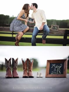 a man and woman sitting on a bench next to each other with cowboy boots in front of them