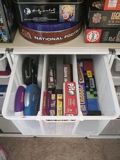 an organized shelf in a store with various items