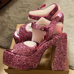 Steve Madden Pink Glitter Platform Sandals Size 10, Never Worn, Only Tried On, Very Sturdy, Has An Adjustable Ankle Strap For Entry/Exit, True To Size, Will Come From Pet/Smoke Free Home, Much Prettier In Person Pink Ankle Strap Sandals For Party Season, Platform Sandals With Round Toe For Party Season, Party Season Sandals With Heel Strap And Round Toe, Summer Glitter Block Heel Sandals, Pink Glitter Party Sandals, Closed Toe Glitter Sandals For Party, High Heel Glitter Sandals For Summer, Party Glitter Closed Toe Sandals, Summer Sequin Sandals In Synthetic Material