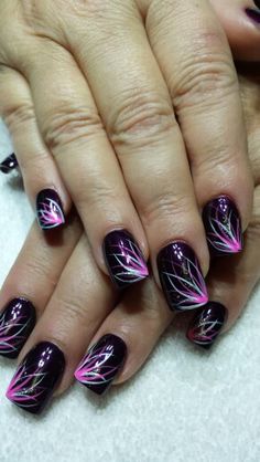 Nail Purple Fall Nail Art, Classy Black Nails, Nail Dipping Powder Colors, Pink Black Nails, Purple Nail Art Designs, Nail Polish Art Designs, Lemon Nails, Engagement Nails, Hairstyles For Ladies