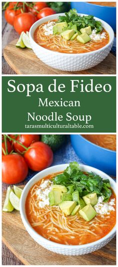 mexican noodle soup in a white bowl with avocado and cilantro