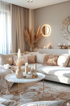 a living room filled with lots of furniture and decor on top of a white rug