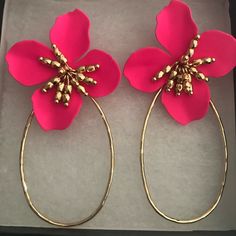 Super Fun Gold Hoop Earrings With Hot Pink Flower . Hoops Have A Hammered Detail And Flower Has Gold Dangle Center. Never Worn ! Pink Hoop Flower Earrings For Spring, Pink Flower Hoop Earrings For Spring, Small Hoop Pink Flower Earrings, Pink Hoop Earrings As Spring Gift, Pink Hoop Earrings For Spring Gift, Pink Hoop Earrings Gift For Spring, Flower Shaped Hoop Earrings For Party, Spring Gift Pink Hoop Earrings, Pink Hoop Flower Earrings For Pierced Ears