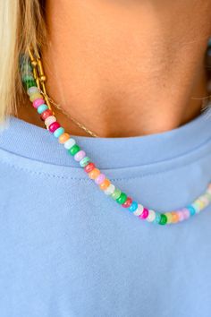 Add a pop of color to your outfit with our Rainbow Necklace Luxe - Confetti Gemstone! This on trend necklace stack features vibrant gemstones, so unique, making it a best seller with five stars. Stand out and be the envy of others with this playful and stylish piece. Product Details: 16" lobster claw 2" extender Fun Multicolor Everyday Jewelry, Trendy Beaded Necklaces For Gift, Trendy Beaded Necklace For Gifts, Trendy Beaded Chain For Jewelry Making, Trendy Jewelry With Colorful Round Beads, Everyday Summer Jewelry With Colorful Beads, Summer Everyday Jewelry With Colorful Beads, Trendy Multicolor Adjustable Charm Necklaces, Playful Adjustable Beaded Chain Necklaces