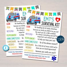 two printable emergency survival kit cards with the words ems and ambulances on them