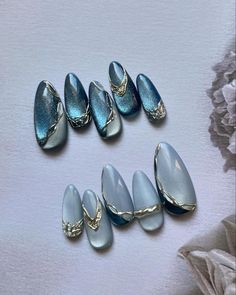 Blue Gold Nails, Nails With Gold, Art Deco Nails, Asian Nails, Hippie Nails, Beauty Nails Design, Cute Nail Art Designs, Blue Nail Art, Nail Art Designs Diy