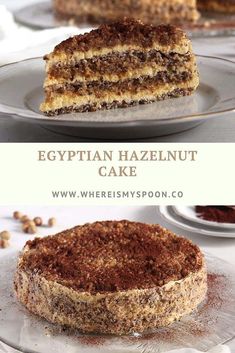 an image of a cake on a plate with the words egyptian hazelnut cake above it