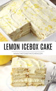 a lemon icebox cake with white frosting and yellow sprinkles