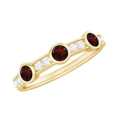 Garnet and Diamond Minimal Half Eternity Ring Garnet - ( AAA ) - Quality - Rosec Jewels Half Eternity Ring, 18k Yellow Gold Ring, Perfect Harmony, Womens Wedding Bands, Garnet Rings, Bezel Setting, Yellow Gold Rings, Eternity Ring, Garnet