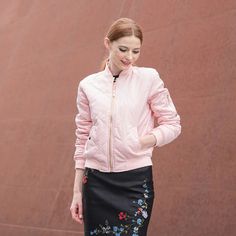 FREE SHIPPING quilting bomber jacket women spring coat zipper long sleeve winter jacket cotton-padded pink outwears JKP2784 Pink Zipper Closure Outerwear For Spring, Trendy Pink Outerwear With Zipper Closure, Pink Long Sleeve Outerwear With Zipper, Pink Long Sleeve Outerwear With Zipper Closure, Philosophy Clothing, Aspen Style, Rose Gold Clothes, Womens Spring Coat, Spring Coat