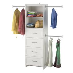 an open white closet with clothes hanging on it