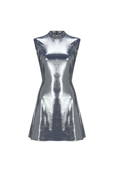 Our dress features a metallic foil print, enhancing its glossy reflective fabric.A-line silhouette with bell shapeFitted waistZero sleevesMandarin collarJacquard overlay with metallic foil printGlossy reflective fabricMaterials: 90% polyester, 10% elastaneMade in Turkey.Model Measurements: Height 180 cm Bust 83 cm Waist 62 cm Hips 91 cm Model Size: S Reflective Fabric, Cute Dress Outfits, Metal Clothing, Metallic Fabric, Gifts For New Mums, Pearl Jewellery Earrings, Metallic Foil, Metallic Blue, Fine Jewelry Gift