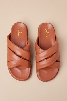 Your summer just got a lot more stylish, and it's all thanks to the trendy vibes of the Lulus Tolleson Cognac Slide Sandals! Smooth faux leather shapes these must-have sandals that feature an almond-shaped toe bed and a collection of wide, puffy straps that create a crisscrossing vamp. A smooth contoured insole and treaded rubber sole complete the slide-on silhouette. Available in whole sizes only. 1" rubber sole. Smooth insole. Rubber sole has nonskid markings. Man made materials. Imported. Lul Nude Shoes, Shoes Flats Sandals, Almond Shaped, Leather Slide Sandals, Leather Slides, Brown Sandals, Brown Shoe, Only 1, Sandals Summer