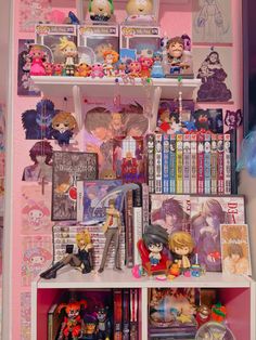 the shelves are filled with anime figurines and toys