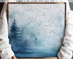 a person holding up a poster with the stars in the sky above them and text that reads, buy 3 or more get $ 50 off