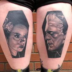 two people with tattoos on their legs