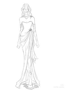 a line drawing of a woman in a long dress with her hair pulled back to the side