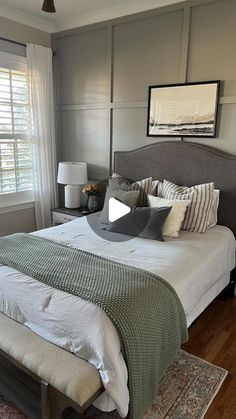 a bedroom with a large bed and two lamps on either side of the headboard