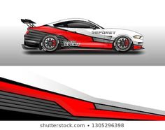 the side and back view of a racing car in red, white and black colors