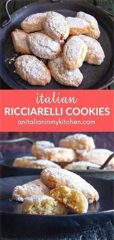 italian ricorella cookies with powdered sugar on top and in the background, there is a pan full of them