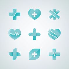 the medical icons are arranged in shades of blue and green, including an arrow, heart, cross, heartbeat, plus