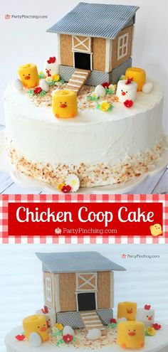 the cake is decorated with chickens and farm animals on it's sides, along with an image of a chicken coop