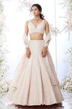 Buy Pink Net Embroidered Sequin V Neck Bridal Lehenga Set For Women by Seema Gujral Online at Aza Fashions. Luxury Sleeveless Lehenga With Chikankari Embroidery, Luxury V-neck Reception Set, Luxury V-neck Wedding Choli, Luxury Semi-stitched V-neck Lehenga, Seema Gujral, Millenial Pink, White Lehenga, Indian Outfits Lehenga, Crystal Embroidery