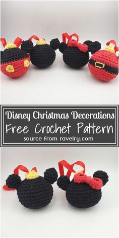 three crocheted mickey mouse ornaments with red bows on them and the words disney christmas decorations free crochet pattern