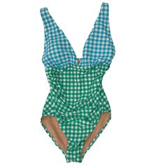 J. Crew Blue Green Check Low Cut Ruched One Piece Swimsuit Size M Color: Blue/White Check Top, Green/White Check Bottom Features: Ruched Bottom, Padded Bust Blue Ruched Swimwear For Spring, Blue Ruched V-neck Swimwear, Indigo Ikat, Tummy Slimmer, Check Tops, Red One Piece, Pink One Piece, Cut Out Swimsuits, Pink Gingham