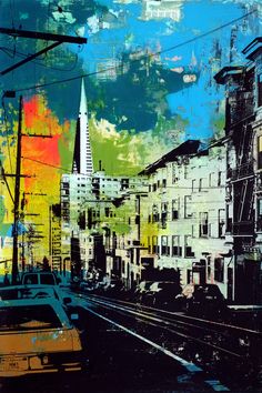 an abstract painting of a city street with cars and telephone wires in the foreground