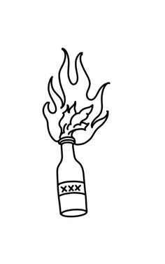 a drawing of a bottle with flames coming out of it's top and bottom