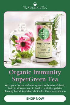 an ad for organic tea with pink flowers and green leaves in the bottom right corner