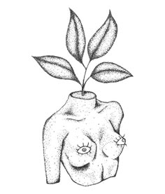 a black and white drawing of a plant growing out of a human's stomach