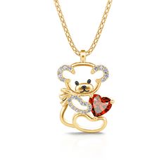 Fall in love with this cute teddy bear necklace that reflect a sweet heart and personality. Fashioned in sterling silver, the cute teddy bear holds a red heart stone and covered with small stones in his ears and arm that gleam wonderfully in the light. This is a very adorable design and lovely gift for teddy bear lovers. It is also an adorable way to say "I love you" to that special someone.Carat Weight: 0.5 ctStone Size: 5*5 mmStone Type: Jeulia® StoneNumber of Stones: 1 Stone Shape: HeartStone Love Teddy Bear, Teddy Bear Pendant, Baby Jewellery, Jewel Design, Heart Stone, Bear Necklace, Bear Pendant, Silver Jewellery Sets, Accessories Jewelry Necklace